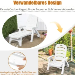 Klappbarer Liegestuhl mit eingebauten Rädern 5-fach verstellbare Gartenliege Weiß