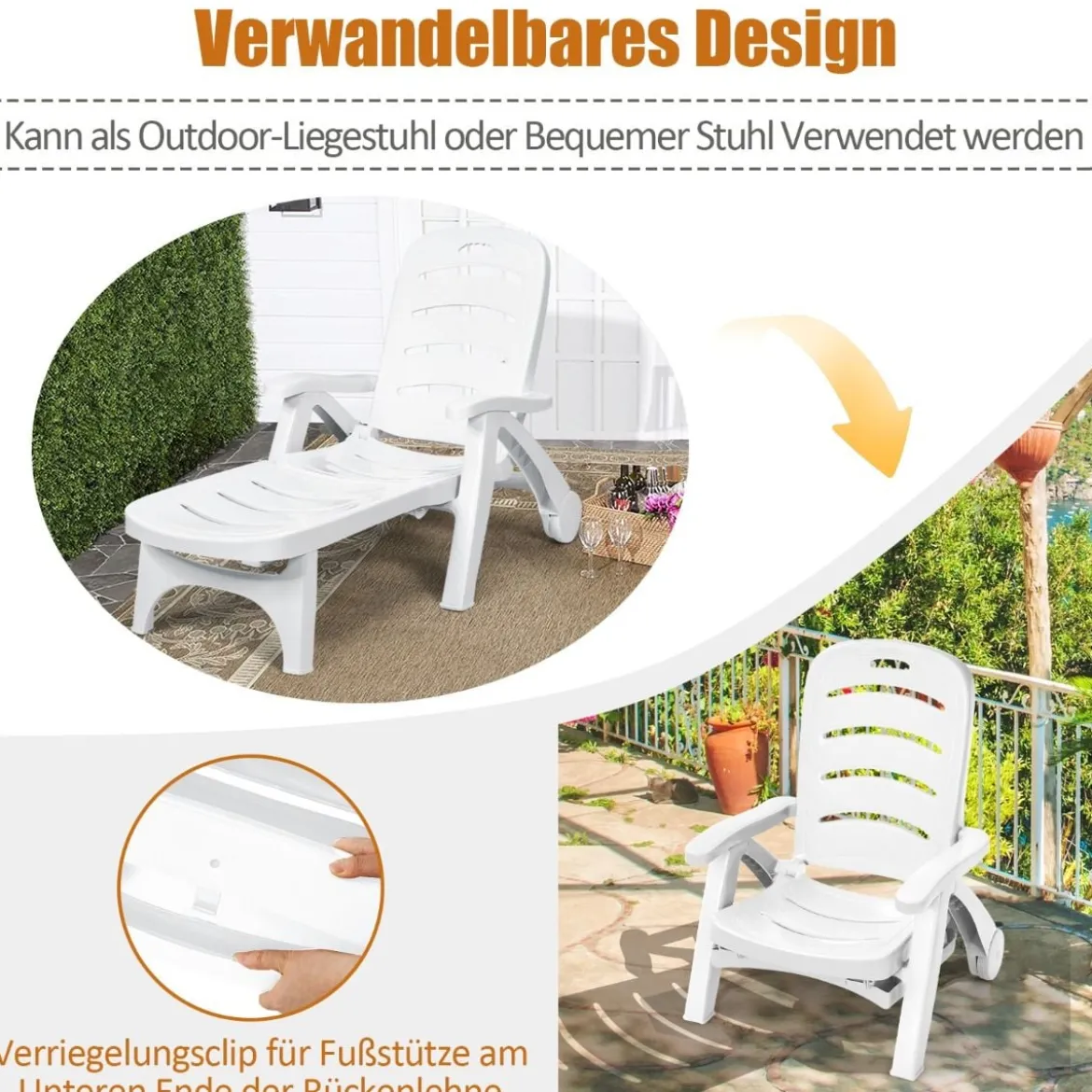 Klappbarer Liegestuhl mit eingebauten Rädern 5-fach verstellbare Gartenliege Weiß