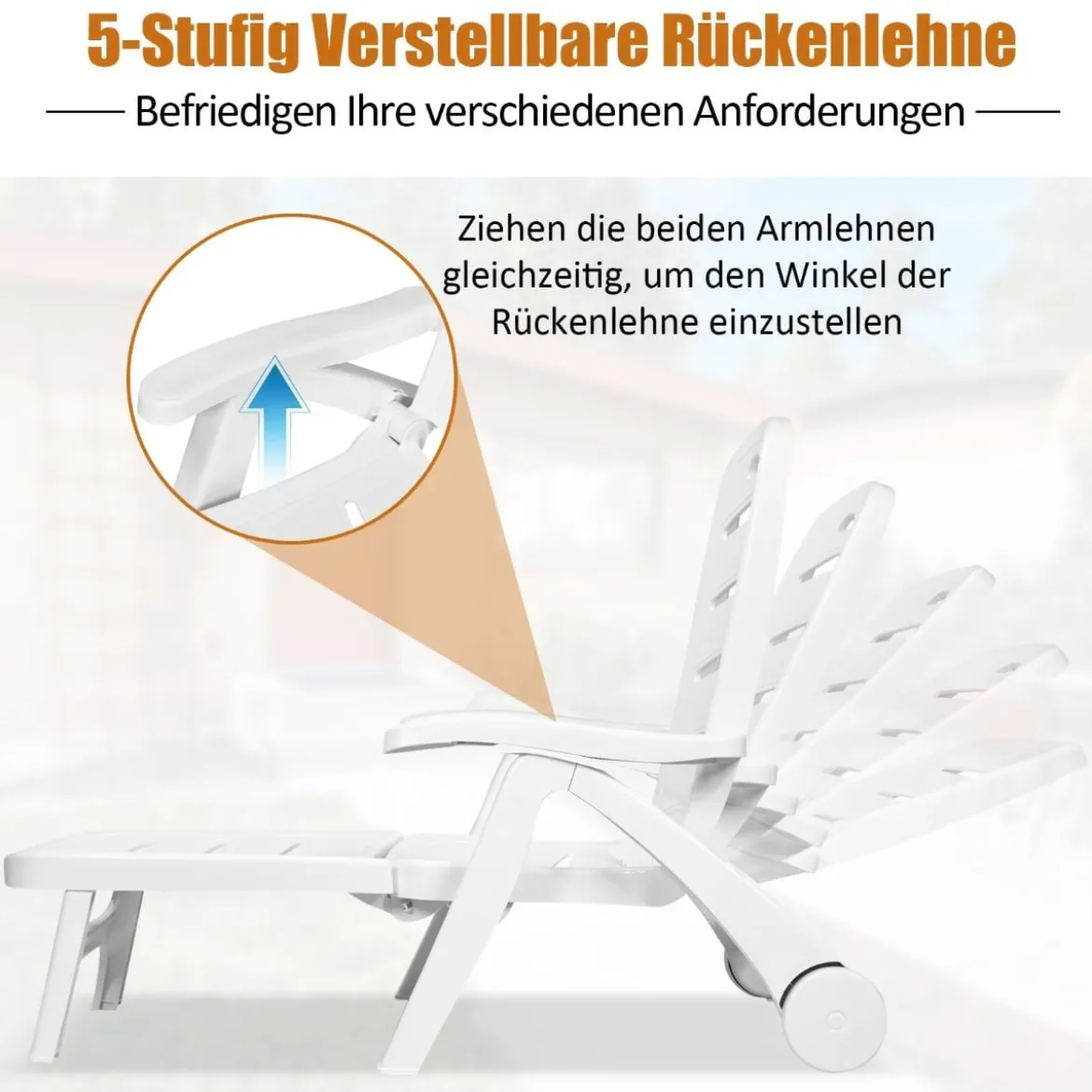 Klappbarer Liegestuhl mit eingebauten Rädern 5-fach verstellbare Gartenliege Weiß