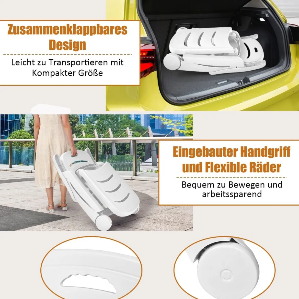 Klappbarer Liegestuhl mit eingebauten Rädern 5-fach verstellbare Gartenliege Weiß