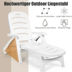 Klappbarer Liegestuhl mit eingebauten Rädern 5-fach verstellbare Gartenliege Weiß