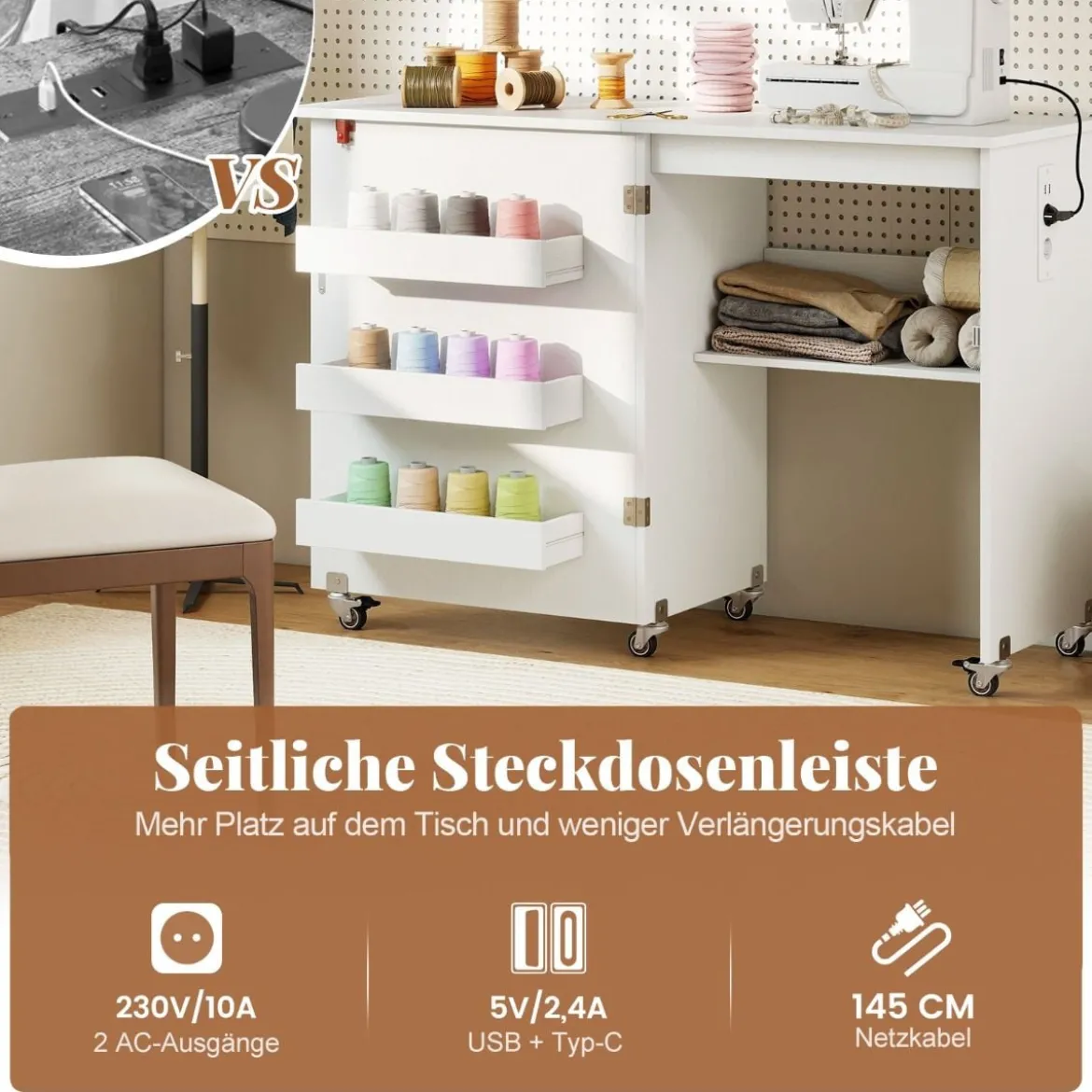 Klappbarer Nähtisch mit Ladestation klappbarer Bastelwagen mit Regal & Schubladen Weiß