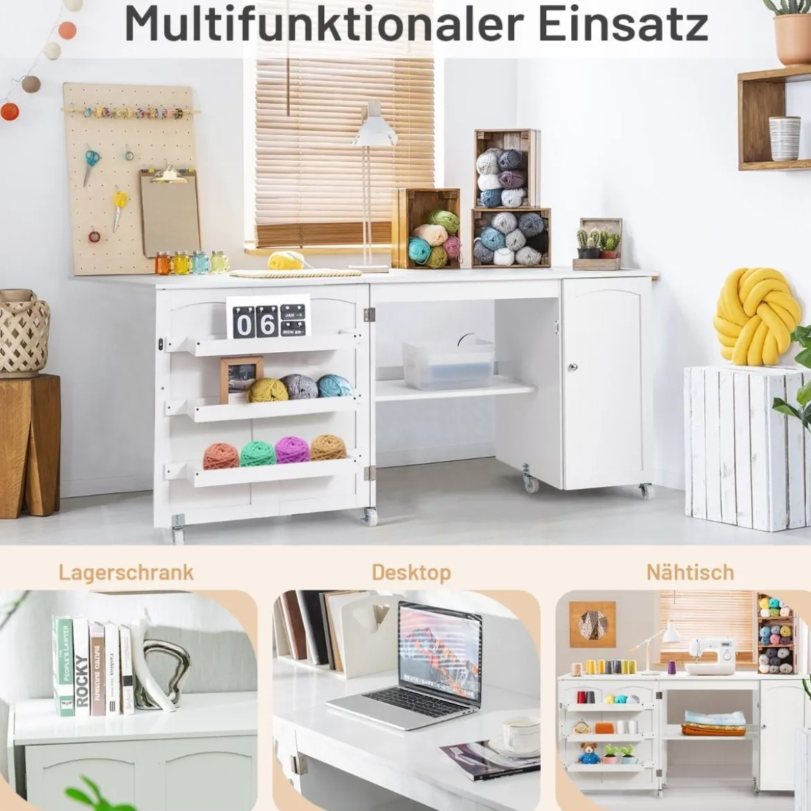 Klappbarer Nähtisch Nähschrank vielseitiger Basteltisch vielseitiger Basteltisch 158 x 50 x 75 cm Weiß