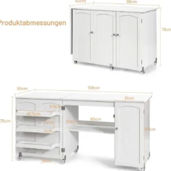 Klappbarer Nähtisch Nähschrank vielseitiger Basteltisch vielseitiger Basteltisch 158 x 50 x 75 cm Weiß