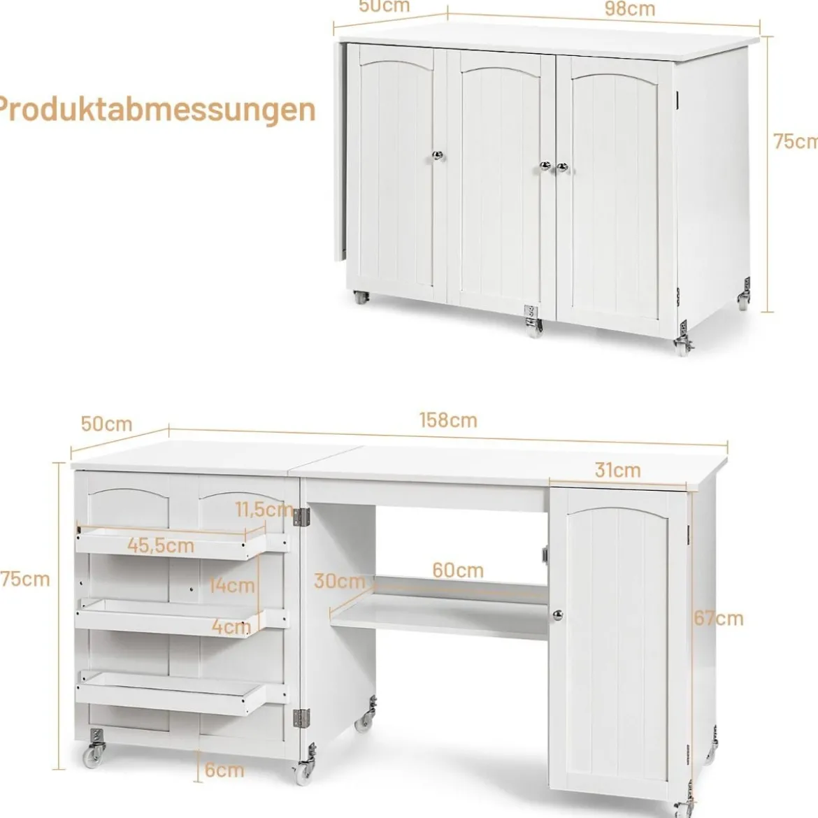 Klappbarer Nähtisch Nähschrank vielseitiger Basteltisch vielseitiger Basteltisch 158 x 50 x 75 cm Weiß
