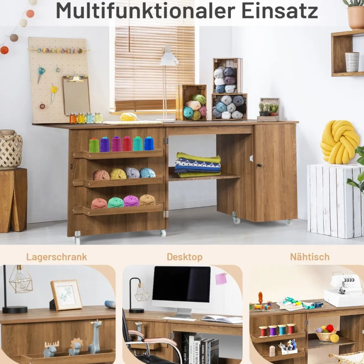 Klappbarer Nähtisch vielseitiger Basteltisch mit breiter Arbeitsplatte 158 x 50 x 75 cm Braun