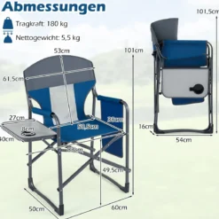 Klappbarer Regiestuhl mit Seitentisch & Seitentasche & Getränkehalter Campingstuhl Blau