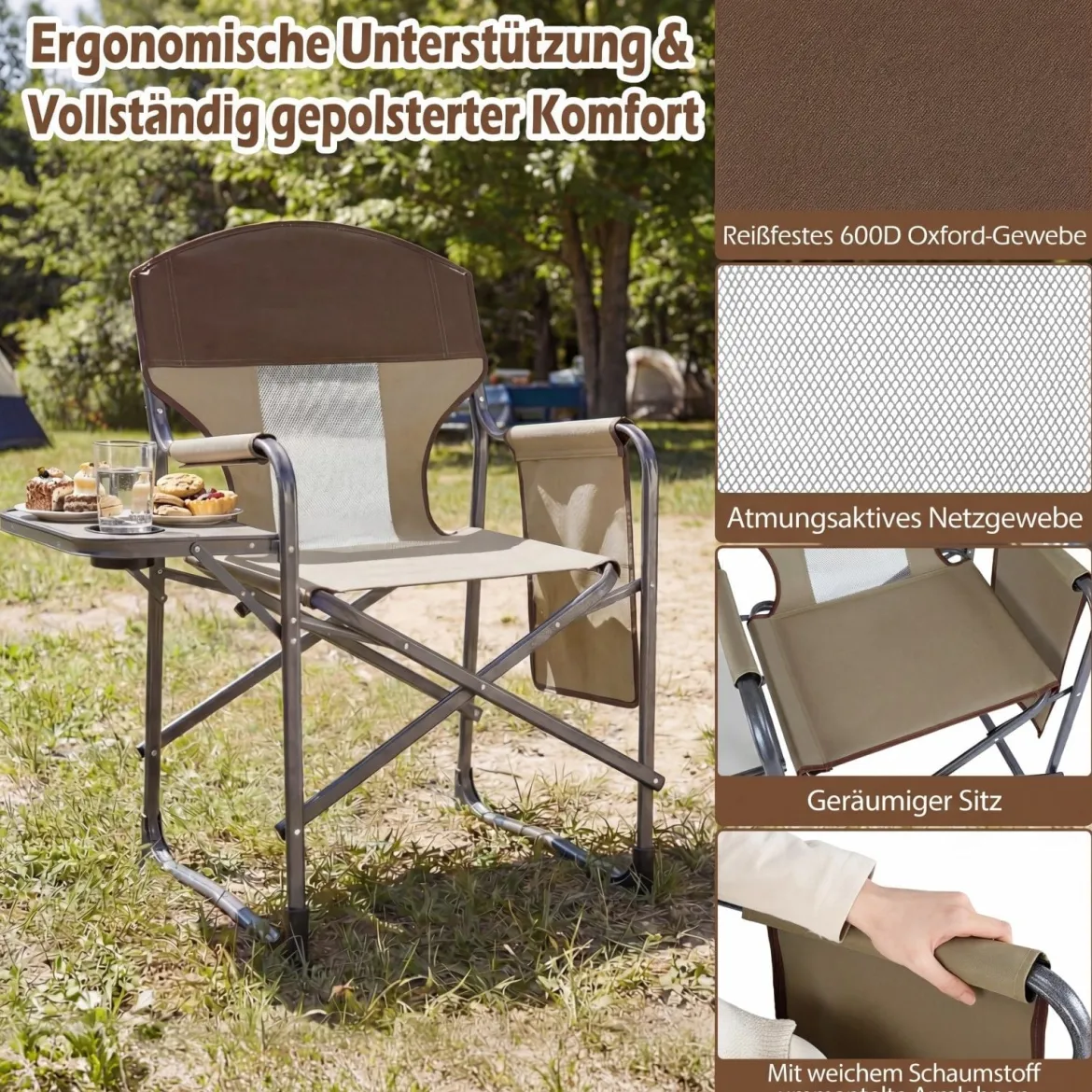 Klappbarer Regiestuhl mit Seitentisch & Seitentasche & Getränkehalter Campingstuhl Braun