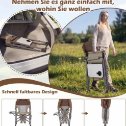 Klappbarer Regiestuhl mit Seitentisch & Seitentasche & Getränkehalter Campingstuhl Braun