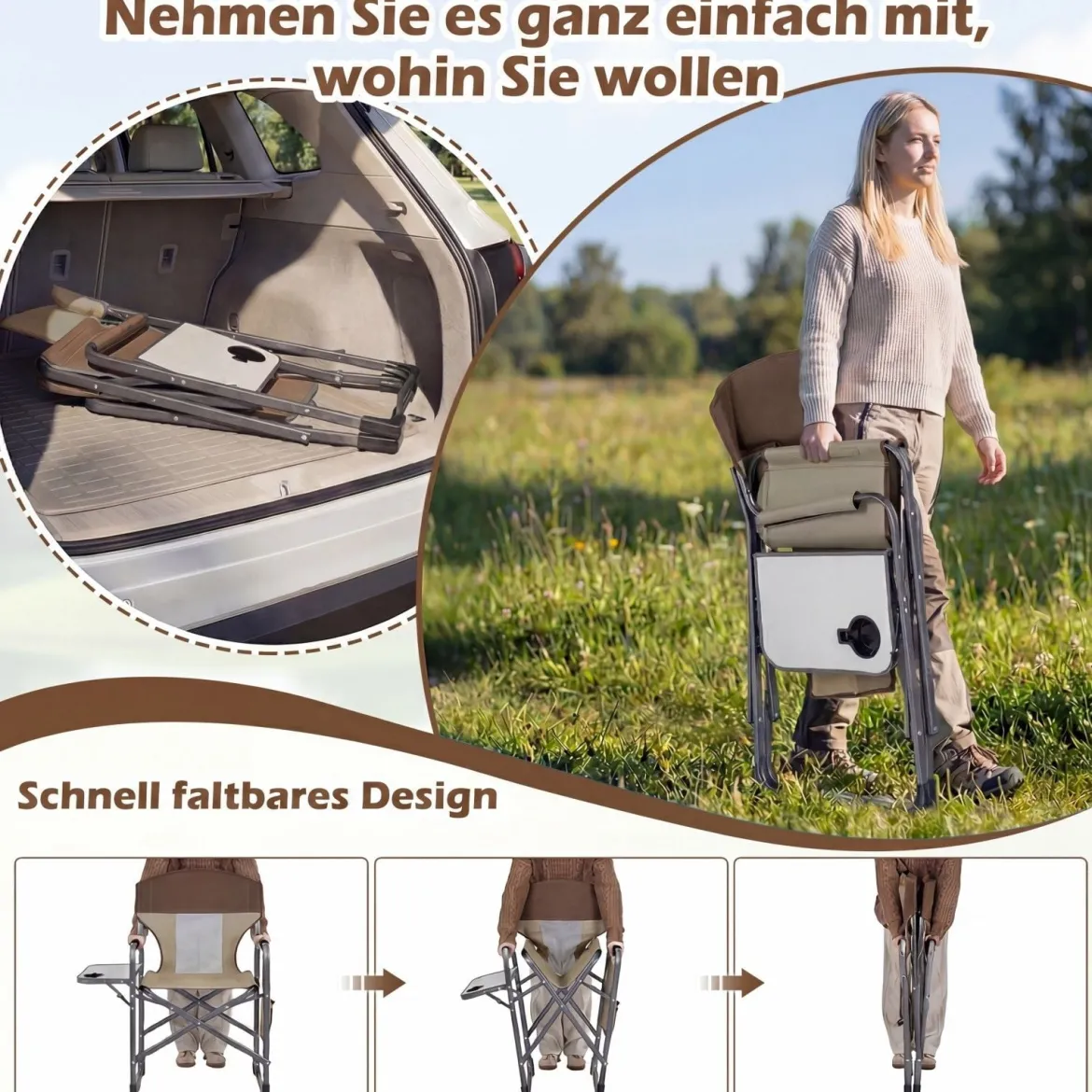 Klappbarer Regiestuhl mit Seitentisch & Seitentasche & Getränkehalter Campingstuhl Braun