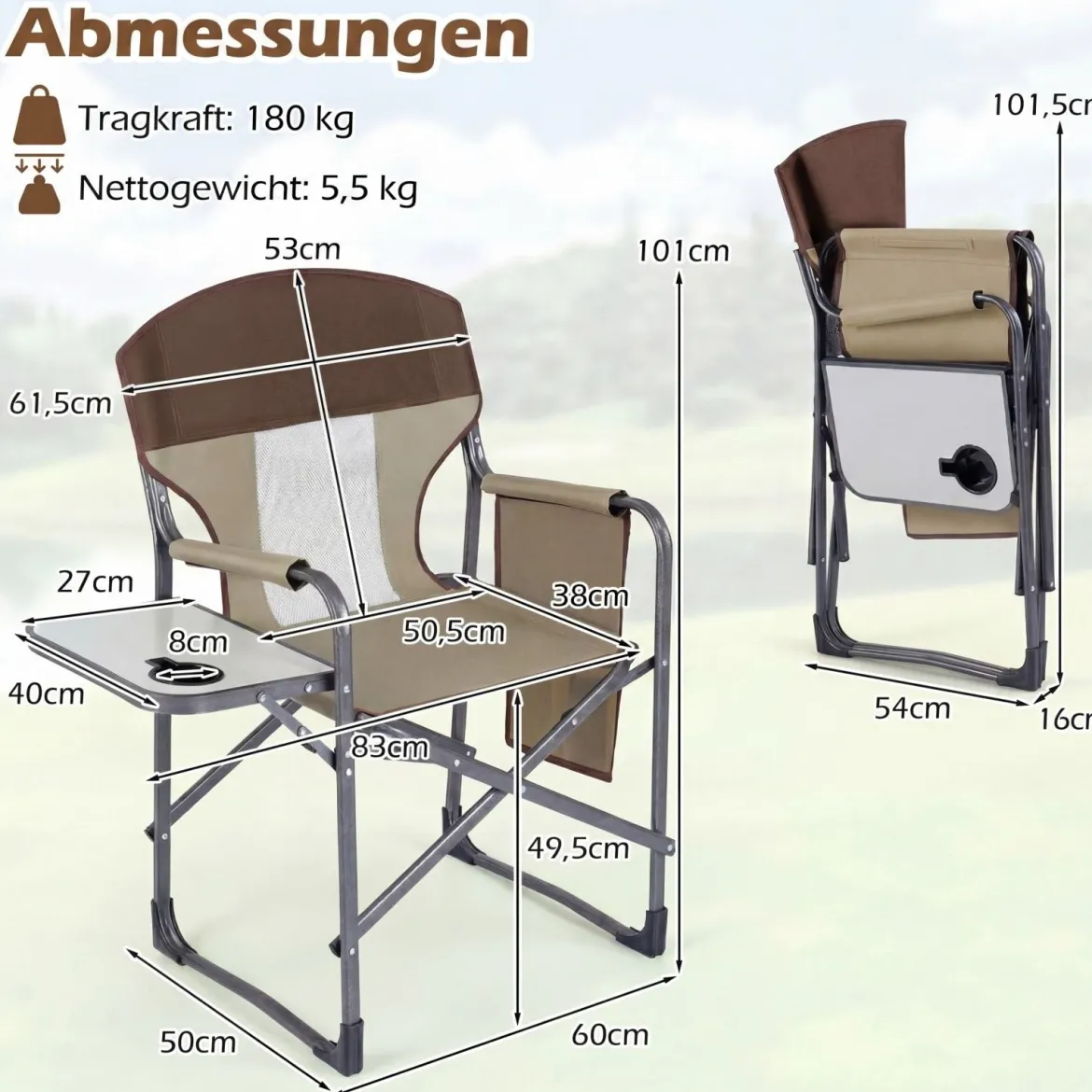 Klappbarer Regiestuhl mit Seitentisch & Seitentasche & Getränkehalter Campingstuhl Braun