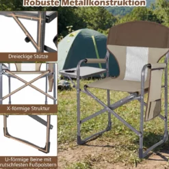 Klappbarer Regiestuhl mit Seitentisch & Seitentasche & Getränkehalter Campingstuhl Braun