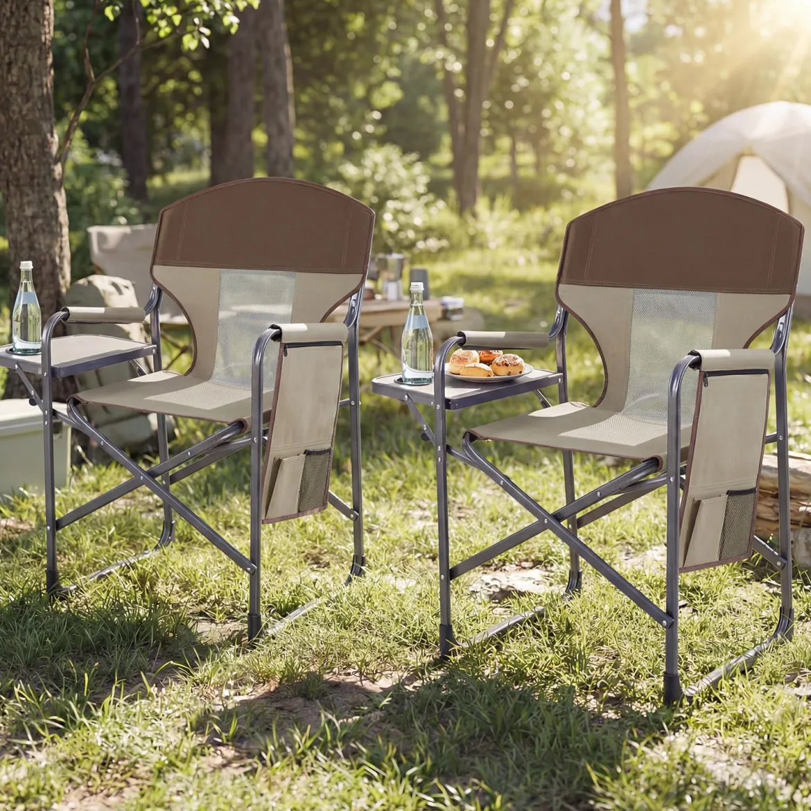Klappbarer Regiestuhl mit Seitentisch & Seitentasche & Getränkehalter Campingstuhl Braun