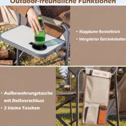 Klappbarer Regiestuhl mit Seitentisch & Seitentasche & Getränkehalter Campingstuhl Braun