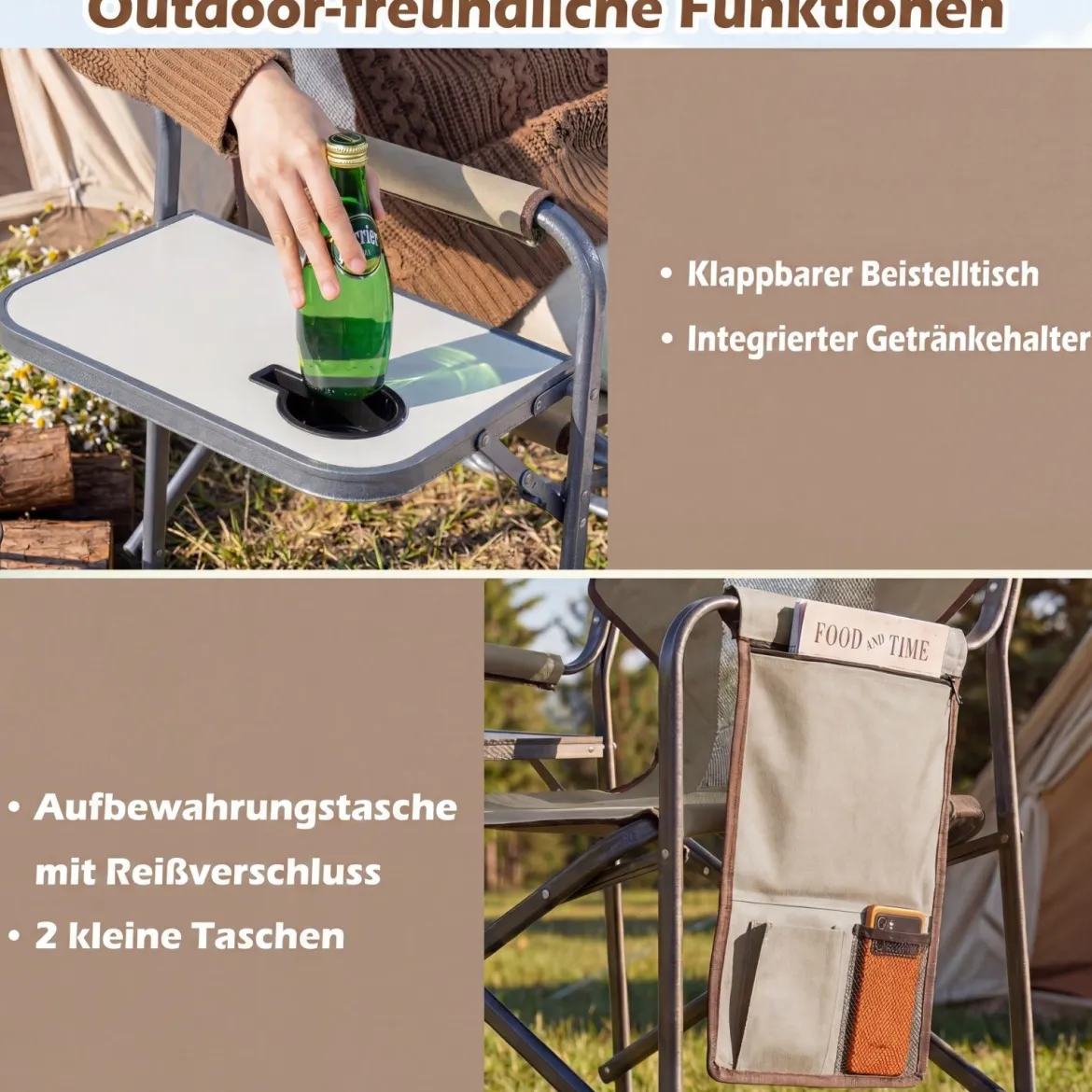 Klappbarer Regiestuhl mit Seitentisch & Seitentasche & Getränkehalter Campingstuhl Braun