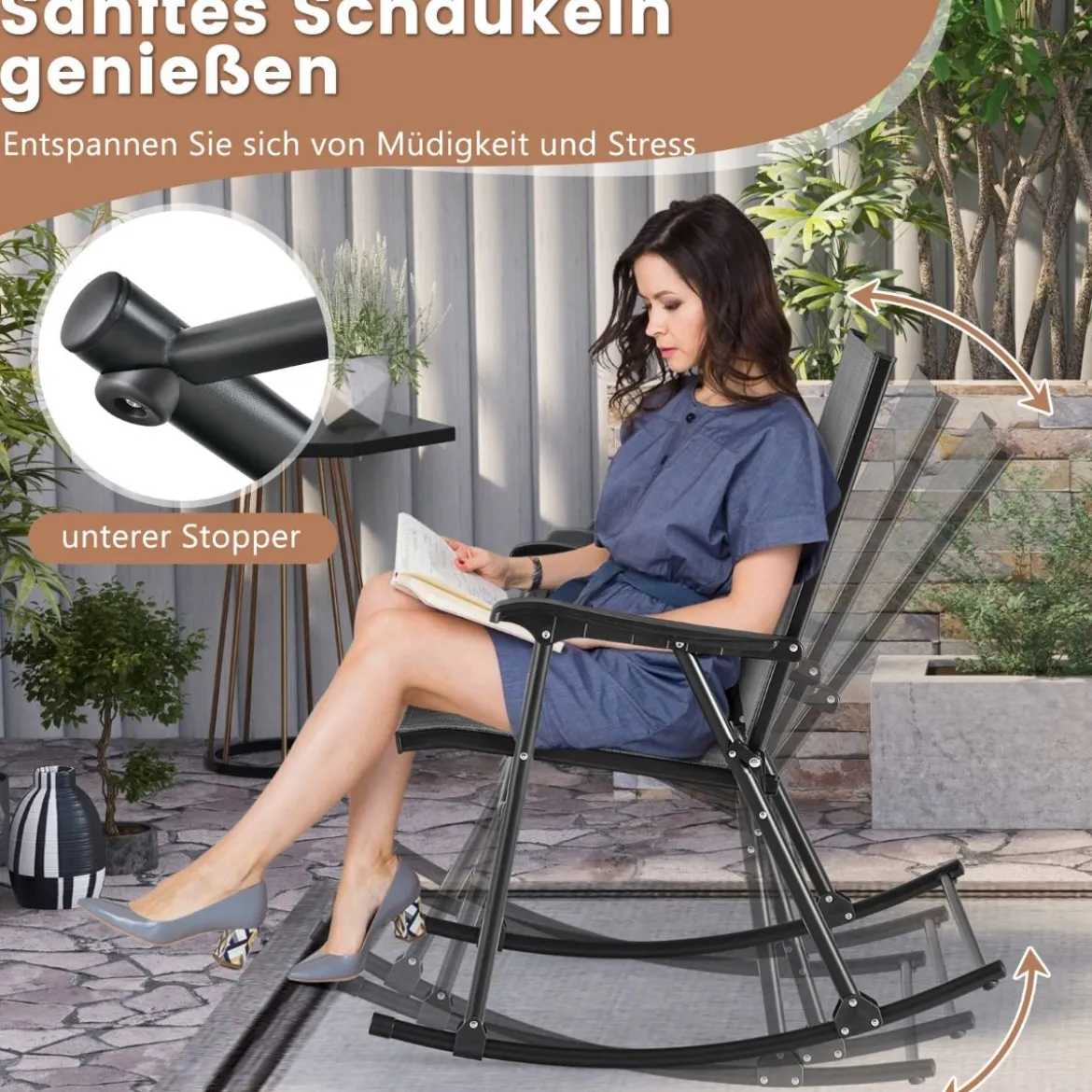 Klappbarer Schaukelstühle 2er Set Gartenstühle mit atmungsaktivem Sitzstoff 82 x 64 x 91 cm