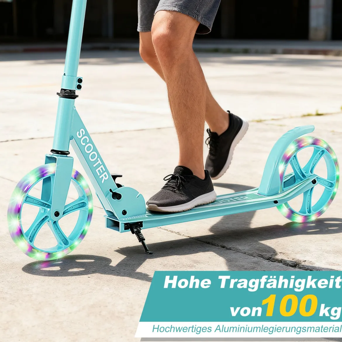 Klappbarer Scooter mit 100kg Tragkraft & 2 LED Räder Höhenverstellbarer Roller Tretroller
