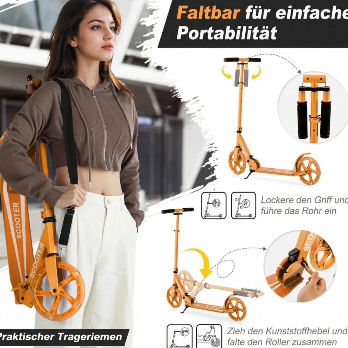 Klappbarer Scooter mit 100kg Tragkraft & 2 LED Räder Höhenverstellbarer Roller Tretroller