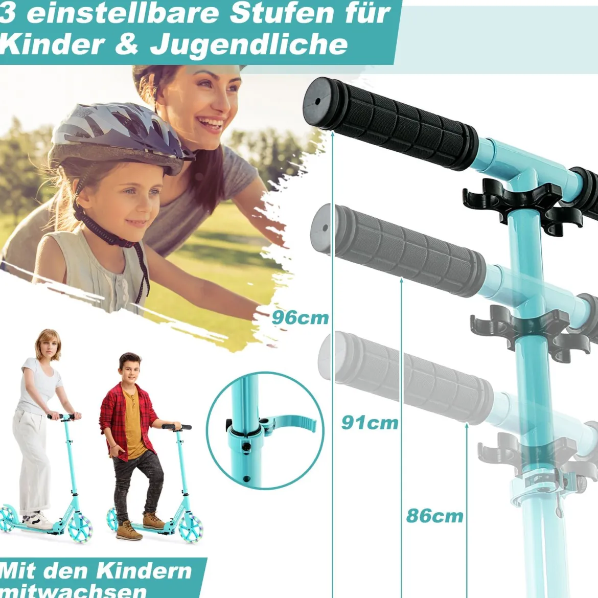Klappbarer Scooter mit 100kg Tragkraft & 2 LED Räder Höhenverstellbarer Roller Tretroller