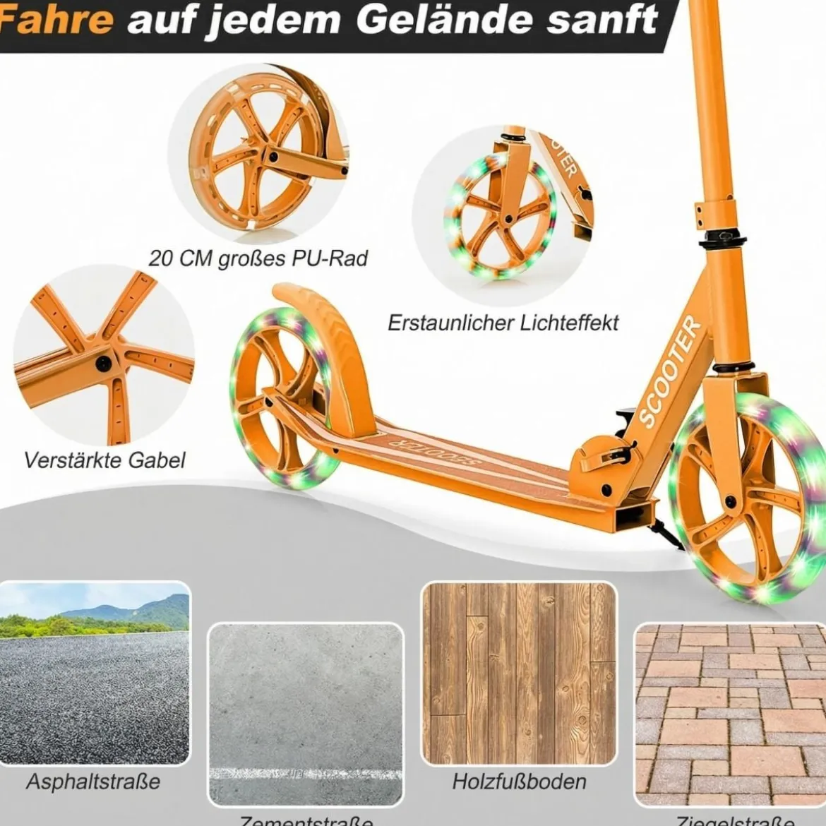 Klappbarer Scooter mit 100kg Tragkraft & 2 LED Räder Höhenverstellbarer Roller Tretroller