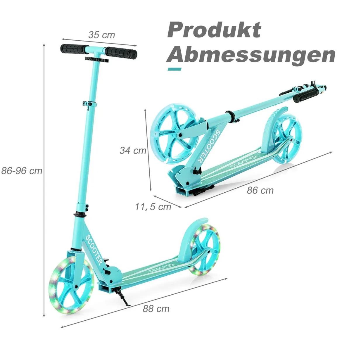 Klappbarer Scooter mit 100kg Tragkraft & 2 LED Räder Höhenverstellbarer Roller Tretroller