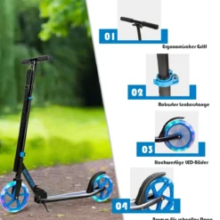 Klappbarer Scooter mit 100kg Tragkraft & 2 LED Räder Höhenverstellbarer Roller Tretroller