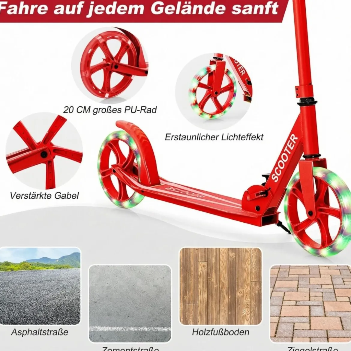 Klappbarer Scooter mit 100kg Tragkraft & 2 LED Räder Höhenverstellbarer Roller Tretroller