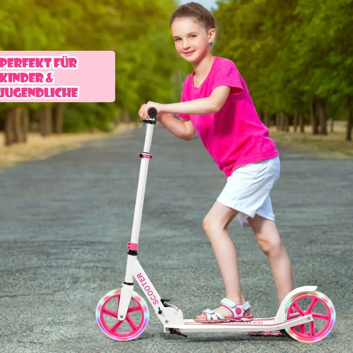 Klappbarer Scooter mit 100kg Tragkraft & 2 LED Räder Höhenverstellbarer Roller Tretroller