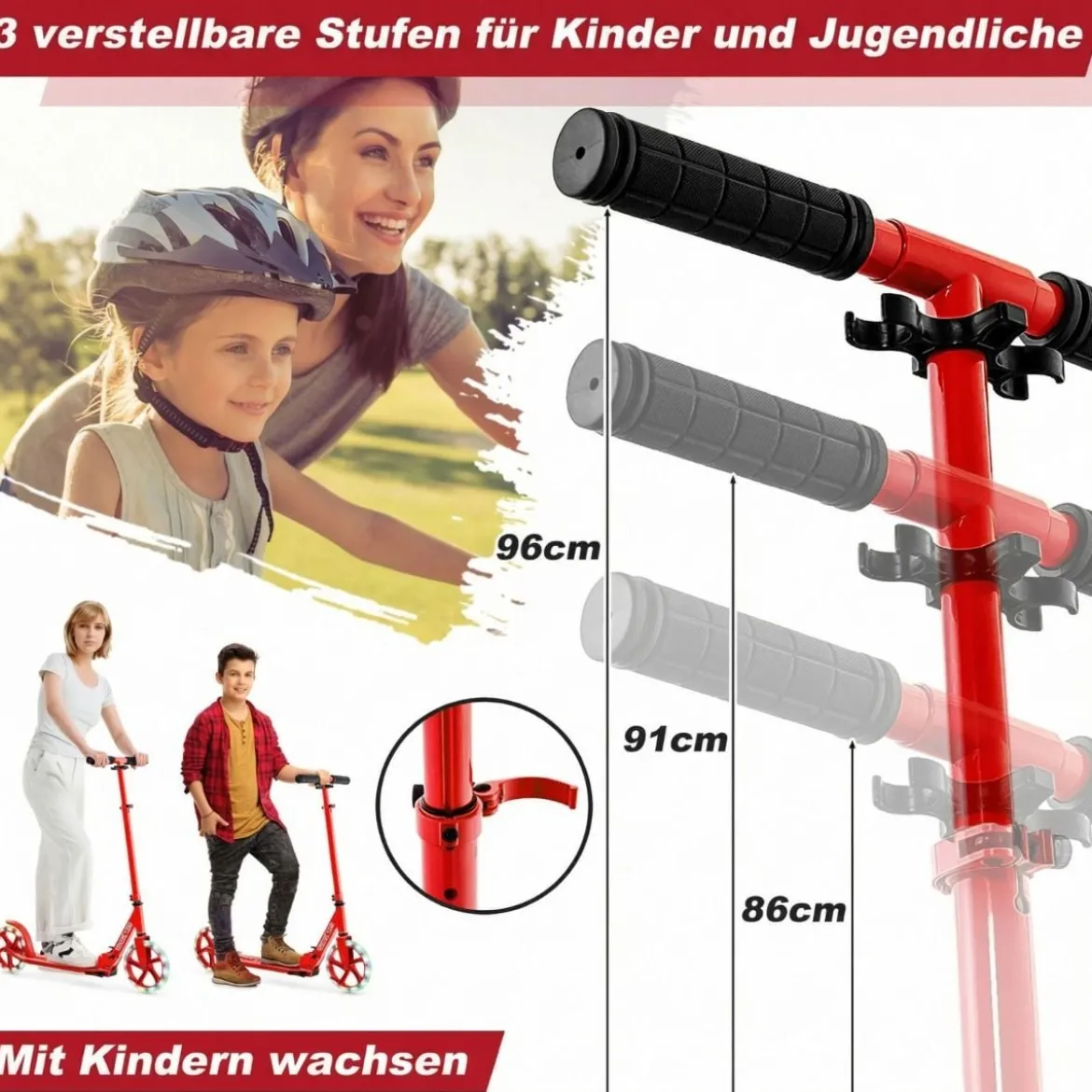 Klappbarer Scooter mit 100kg Tragkraft & 2 LED Räder Höhenverstellbarer Roller Tretroller