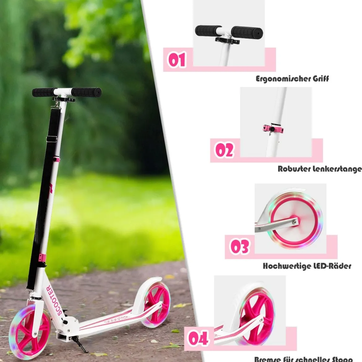 Klappbarer Scooter mit 100kg Tragkraft & 2 LED Räder Höhenverstellbarer Roller Tretroller