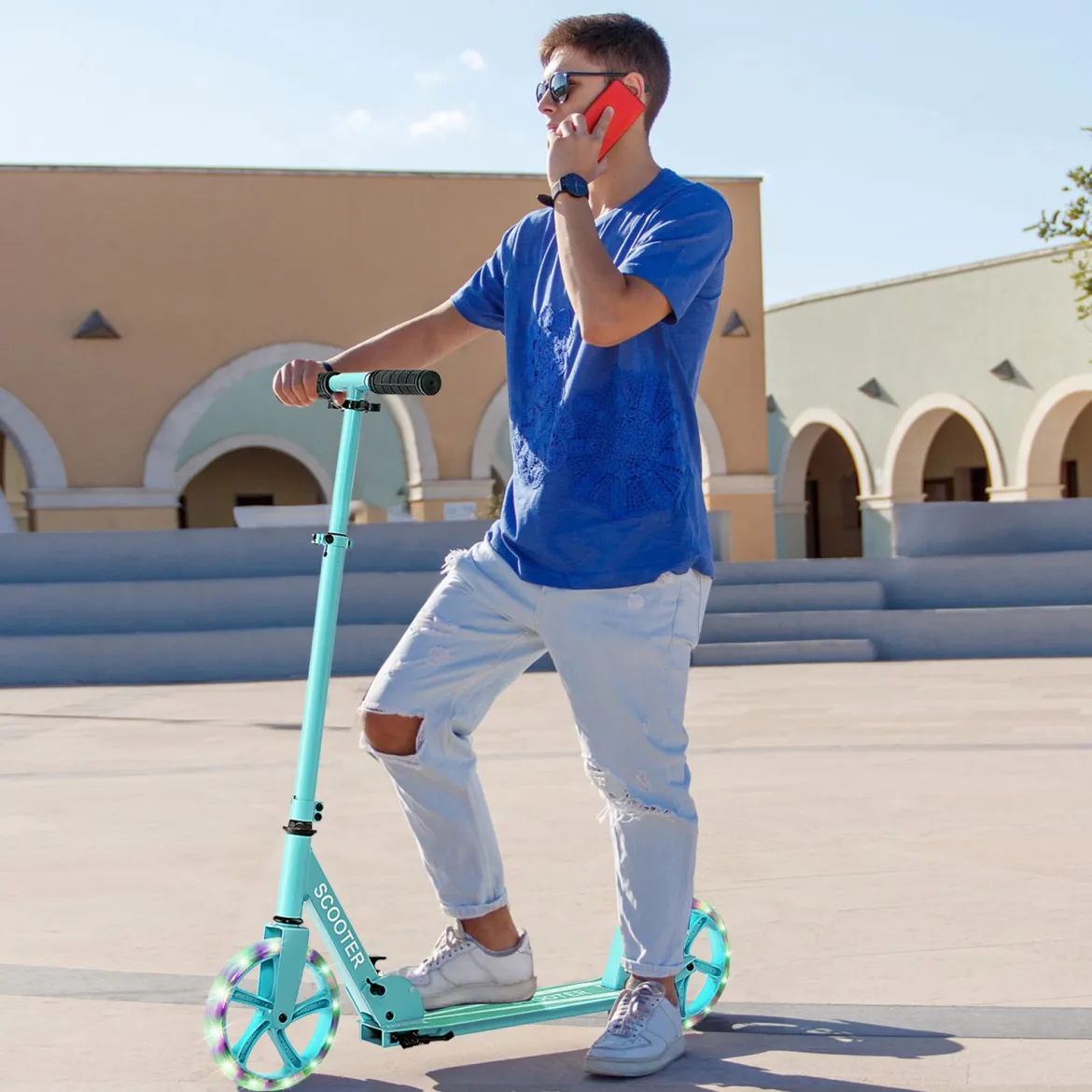 Klappbarer Scooter mit 100kg Tragkraft & 2 LED Räder Höhenverstellbarer Roller Tretroller