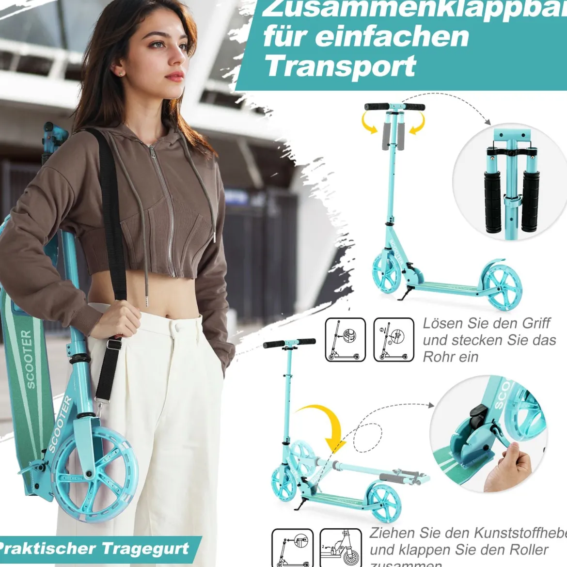 Klappbarer Scooter mit 100kg Tragkraft & 2 LED Räder Höhenverstellbarer Roller Tretroller