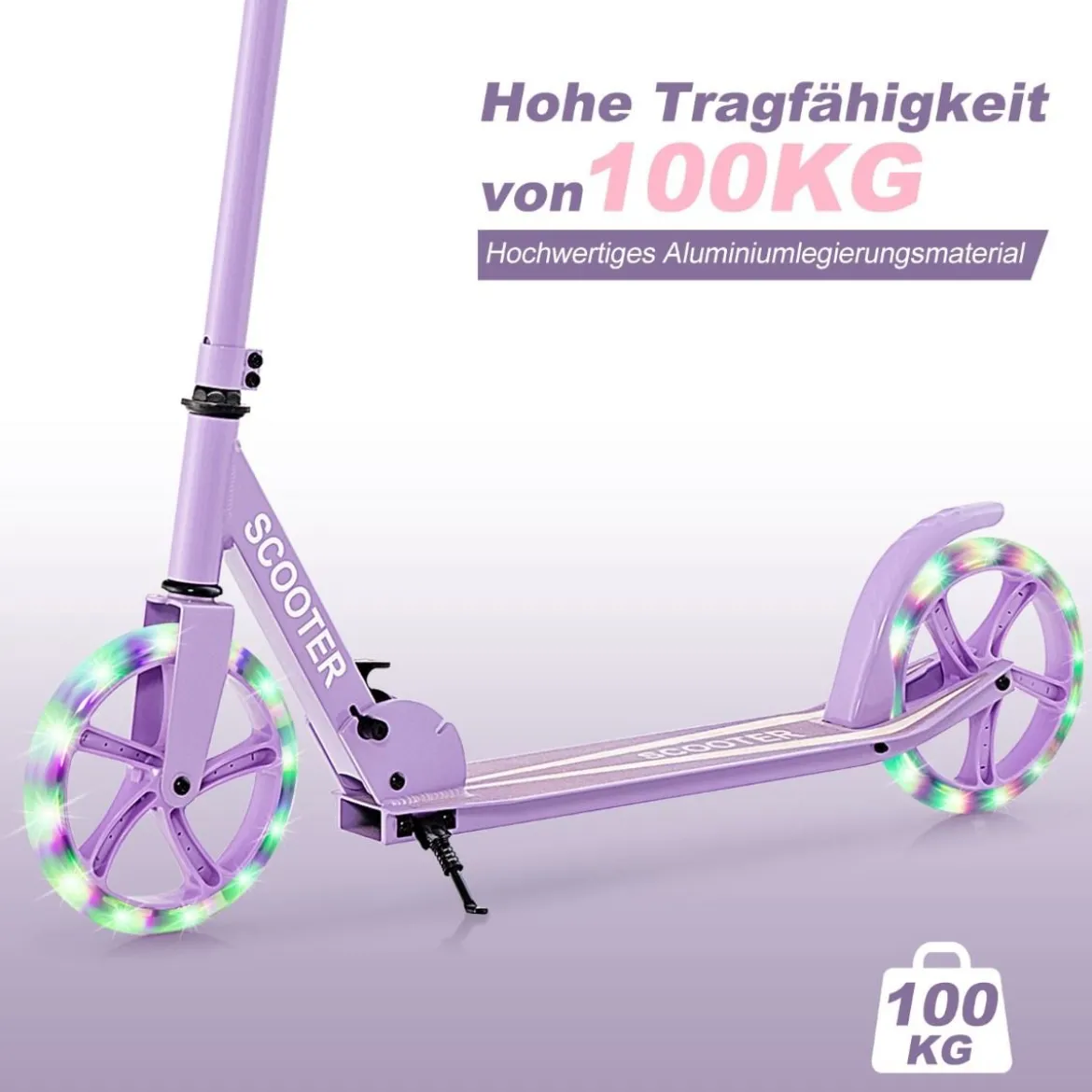 Klappbarer Scooter mit 100kg Tragkraft & 2 LED Räder Höhenverstellbarer Roller Tretroller