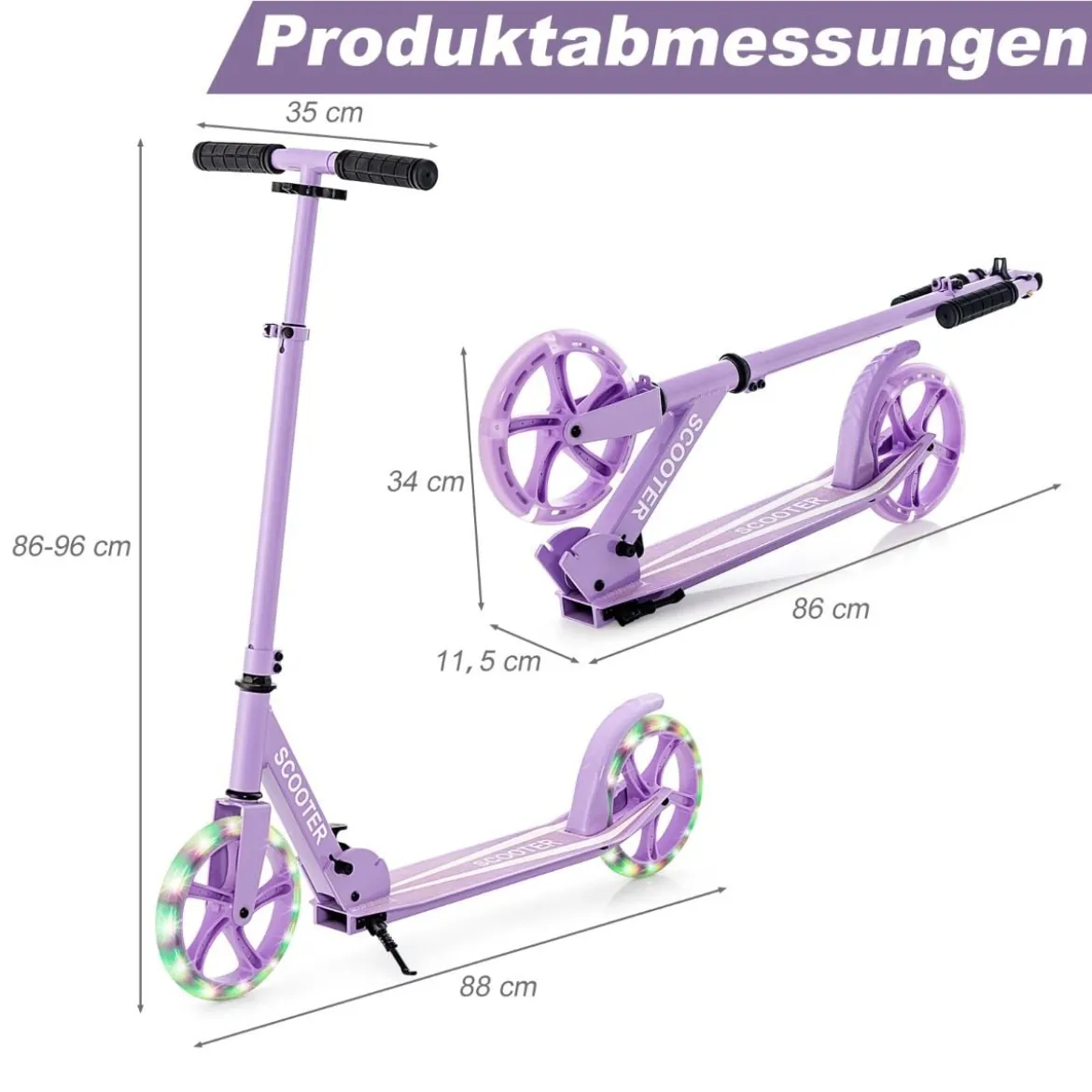 Klappbarer Scooter mit 100kg Tragkraft & 2 LED Räder Höhenverstellbarer Roller Tretroller