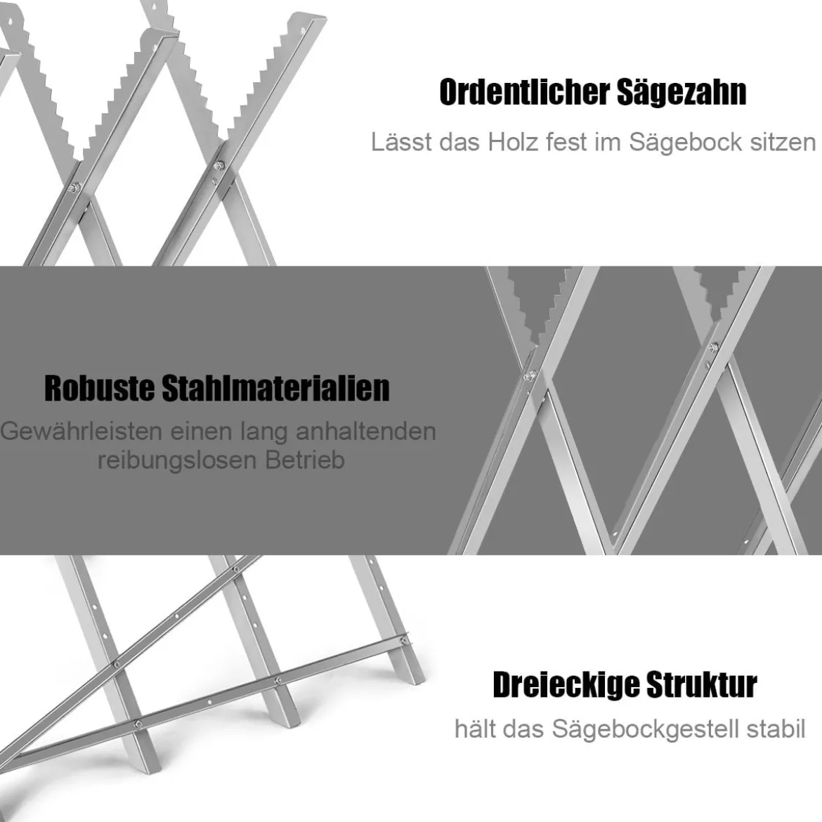 Klappbarer Sägebock aus Stahl mit 100 kg Tragkraft leichter tragbarer Sägeständer mit gekerbten Sägezähnen zum Schneiden von Brennholz