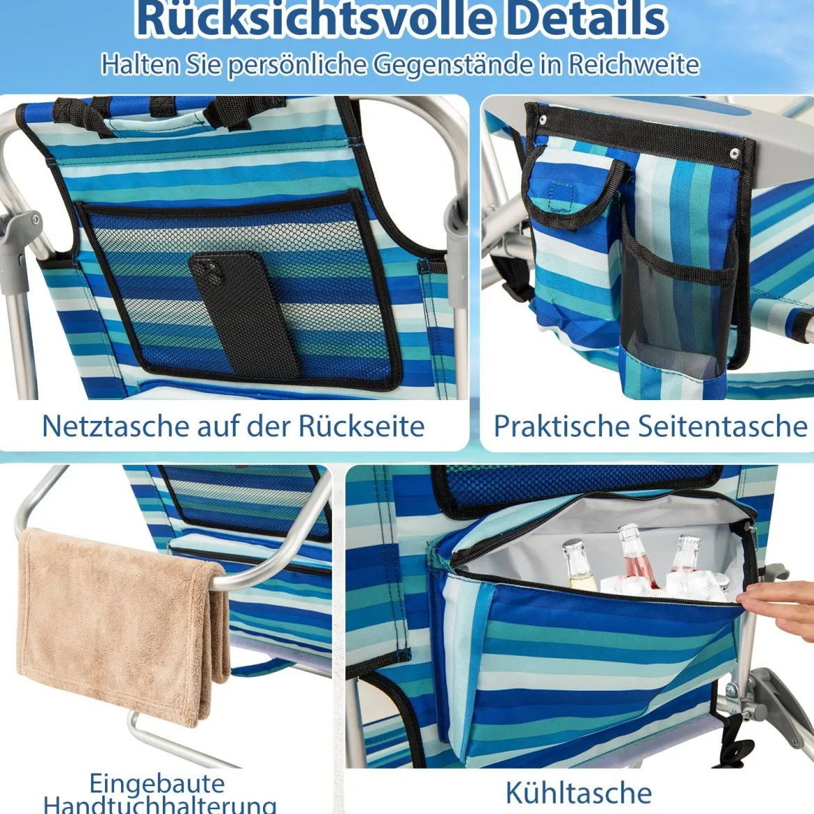 Klappbarer Strandstuhl mit Verstellbarer Rückenlehne & Kühltasche Campingstuhl