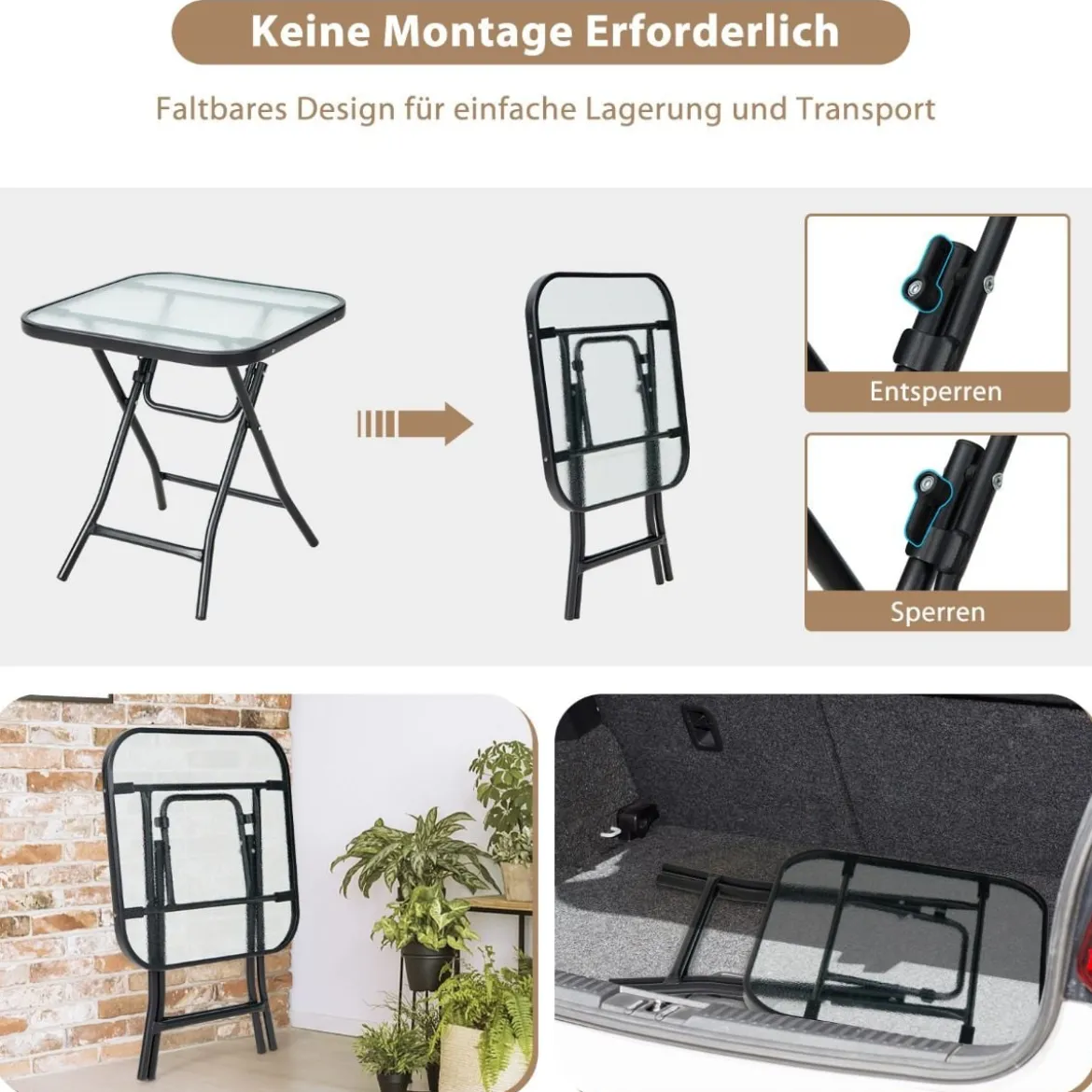 Klappbarer Terrassen-Beistelltisch Quadratischer Glastisch mit Rostfreiem Rahmen Schwarz