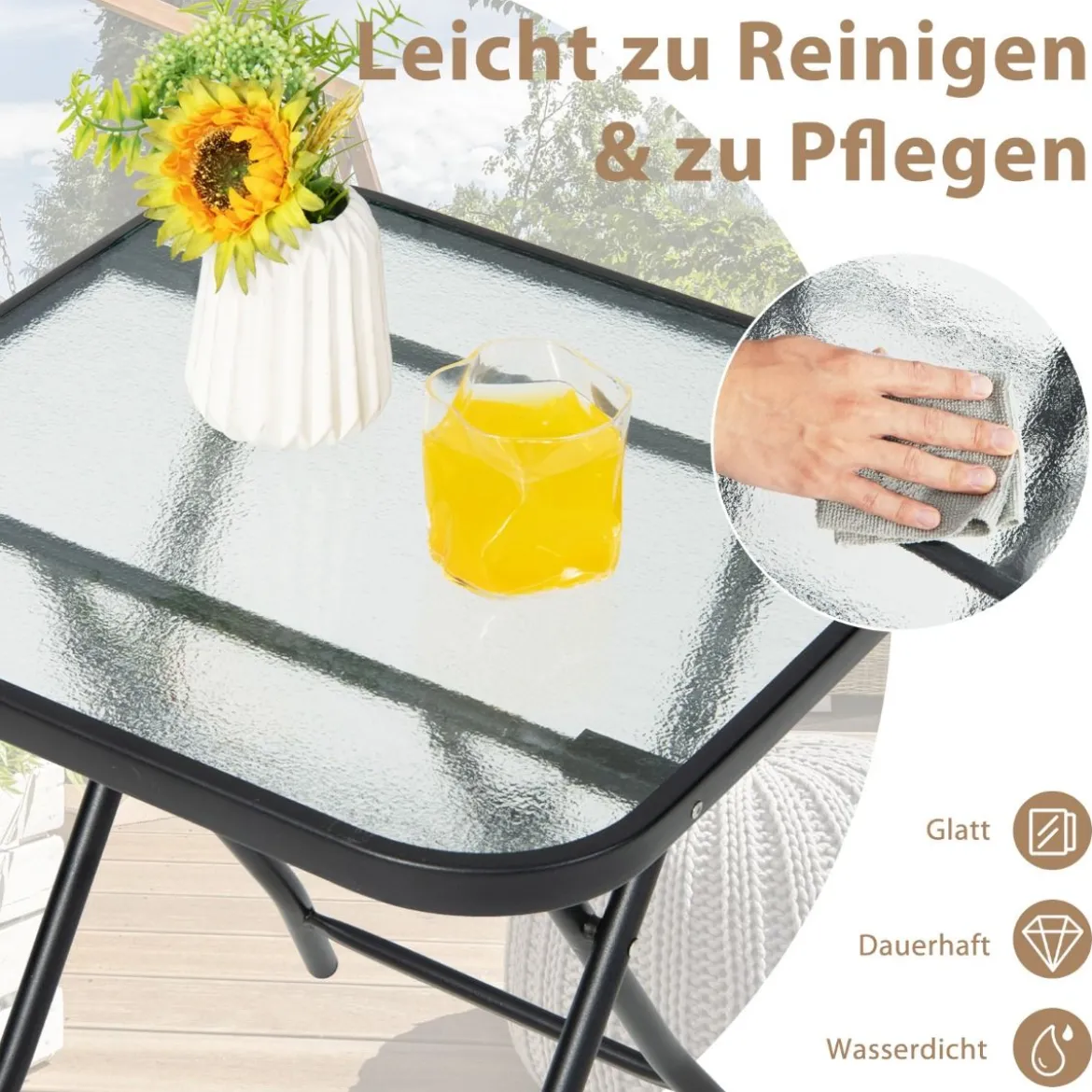 Klappbarer Terrassen-Beistelltisch Quadratischer Glastisch mit Rostfreiem Rahmen Schwarz