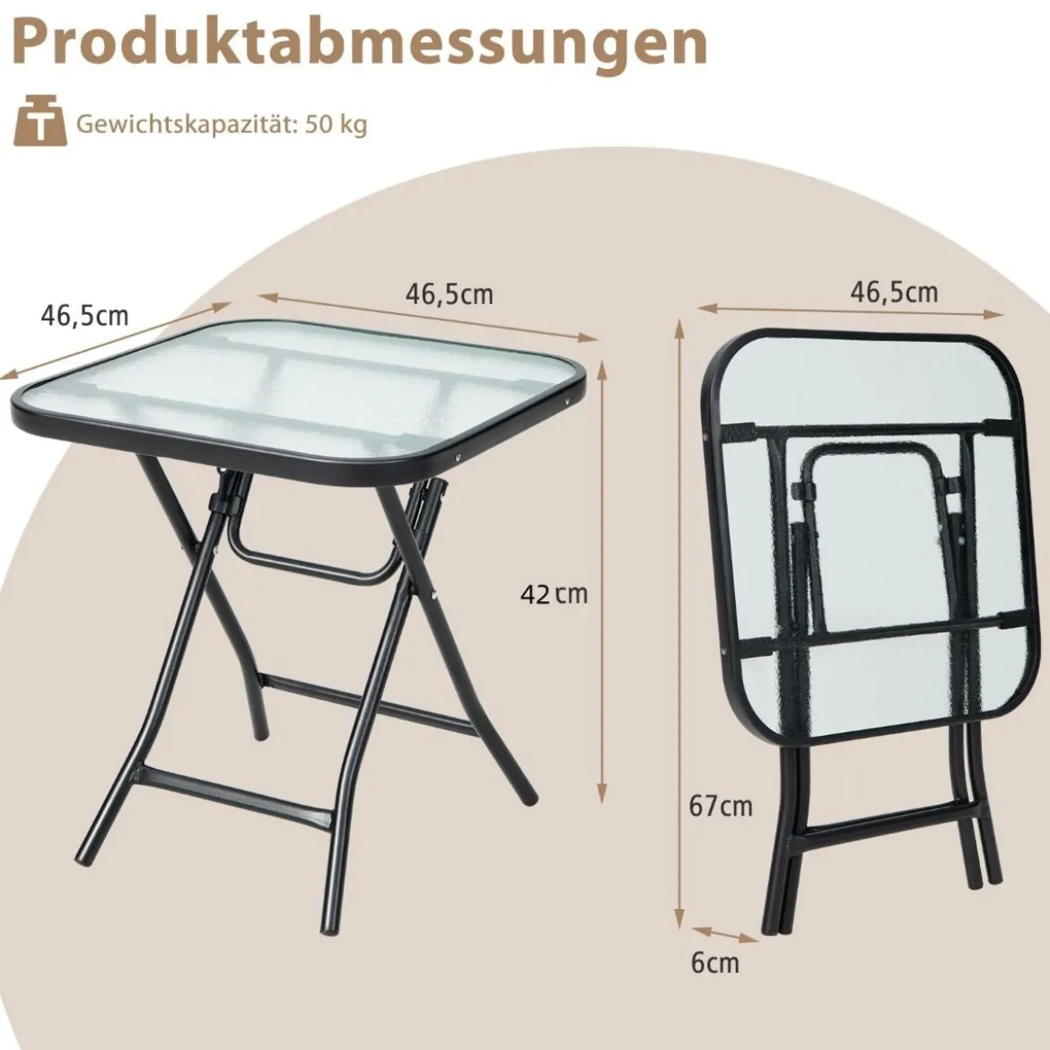 Klappbarer Terrassen-Beistelltisch Quadratischer Glastisch mit Rostfreiem Rahmen Schwarz