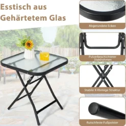 Klappbarer Terrassen-Beistelltisch Quadratischer Glastisch mit Rostfreiem Rahmen Schwarz