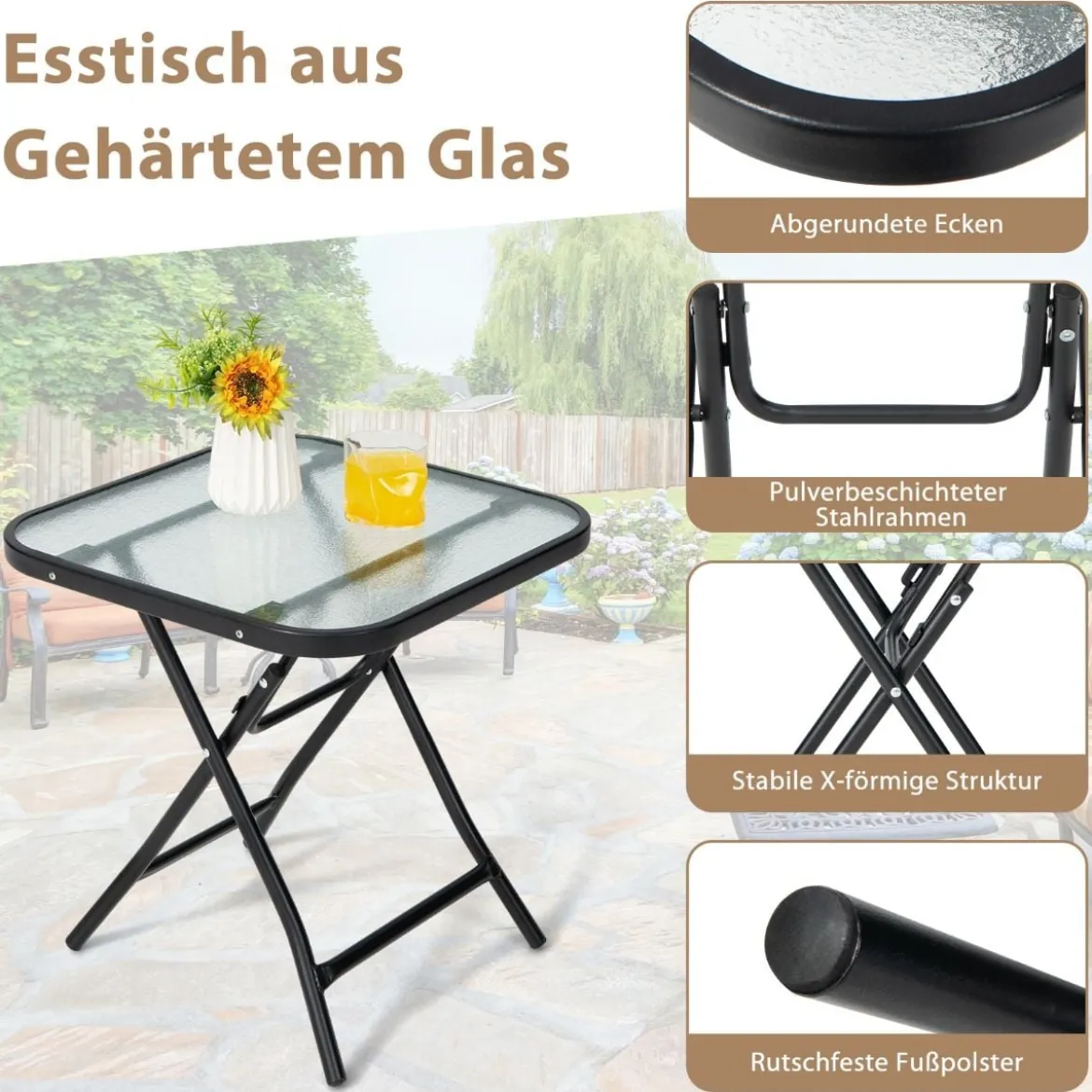 Klappbarer Terrassen-Beistelltisch Quadratischer Glastisch mit Rostfreiem Rahmen Schwarz