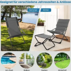 Klappbarer Terrassenstuhl mit Ottomane & Abnehmbaren Kissen Outdoor Liege Grau