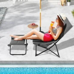 Klappbarer Terrassenstuhl mit Ottomane & Abnehmbaren Kissen Outdoor Liege Grau