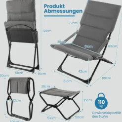 Klappbarer Terrassenstuhl mit Ottomane & Abnehmbaren Kissen Outdoor Liege Grau