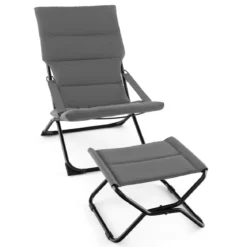 Klappbarer Terrassenstuhl mit Ottomane & Abnehmbaren Kissen Outdoor Liege Grau