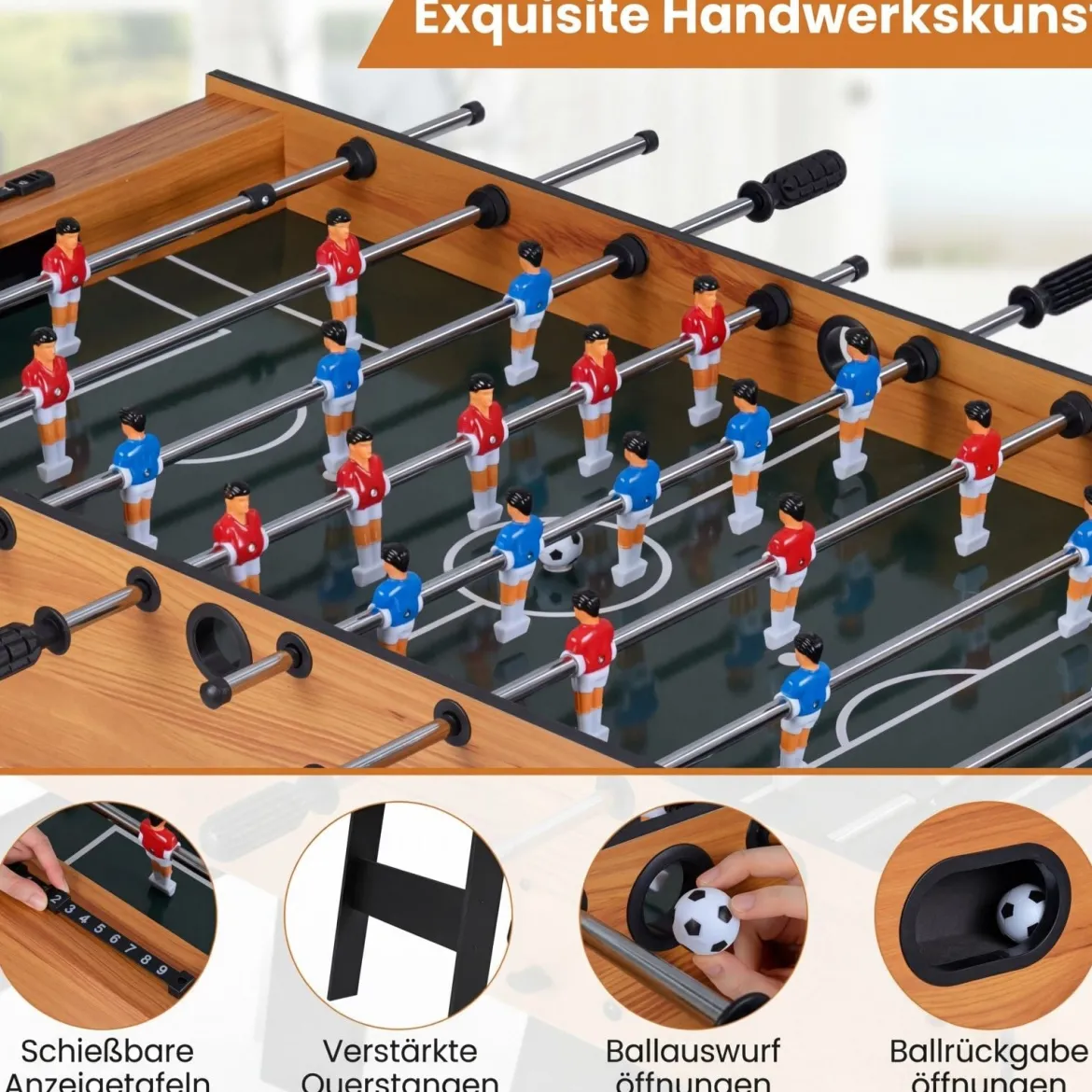 Klappbarer Tischkicker mit 22 Spielfiguren & 2 Bällen & 2 Punktezähler 120 cm Kickertisch Natur