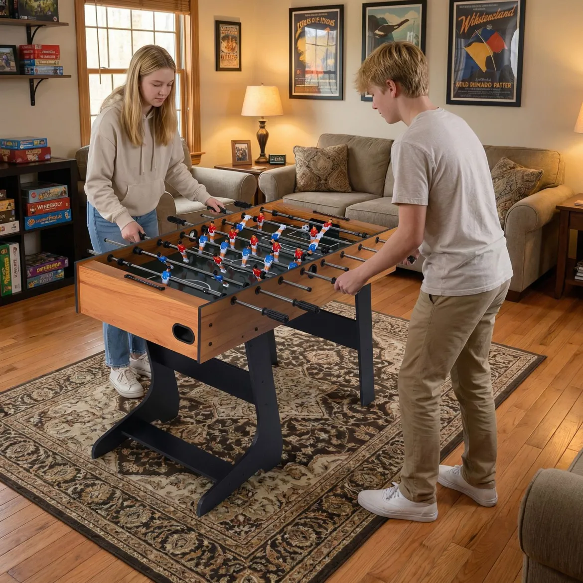 Klappbarer Tischkicker mit 22 Spielfiguren & 2 Bällen & 2 Punktezähler 120 cm Kickertisch Natur