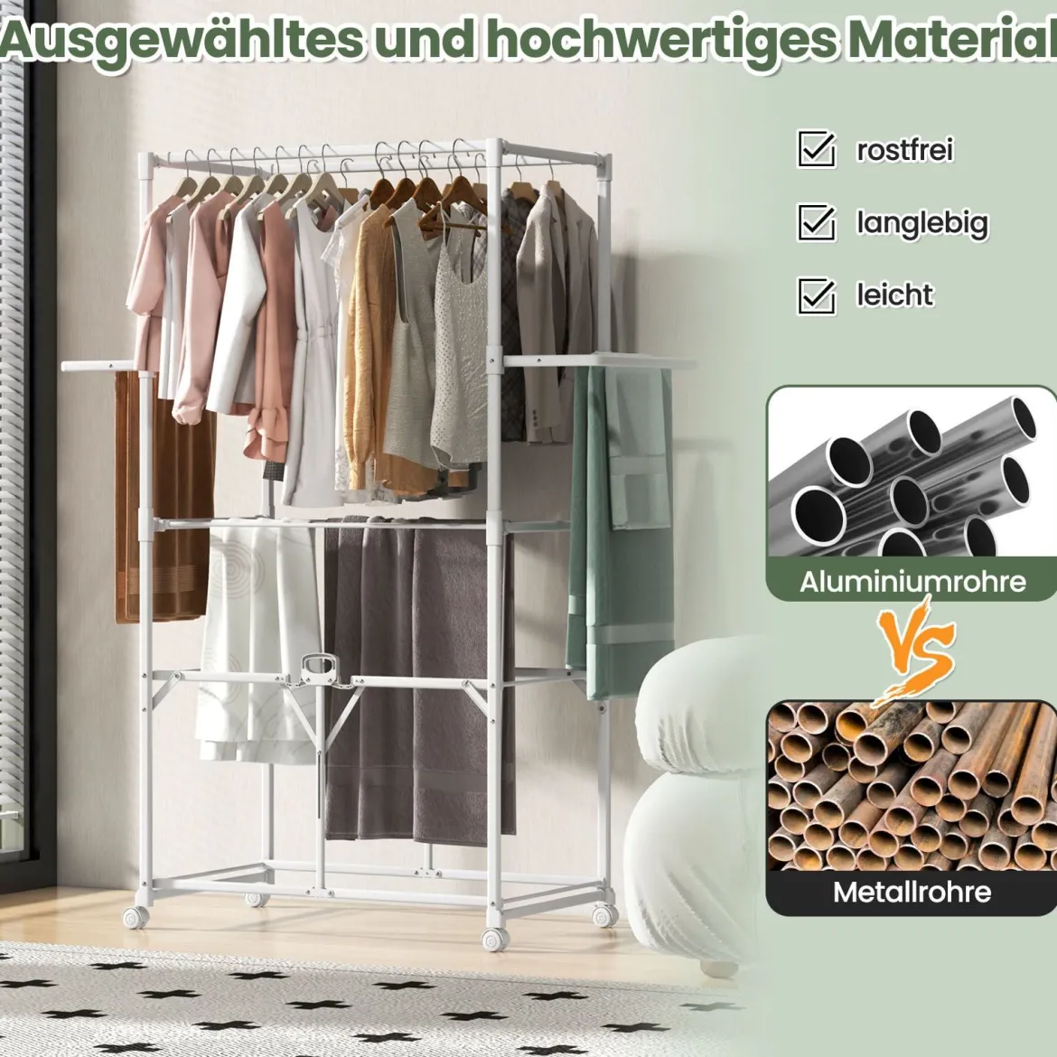 Klappbarer Wäscheständer mit Aufhängevorrichtungen & Trockengestellen Alu Wäschetrockner Weiß