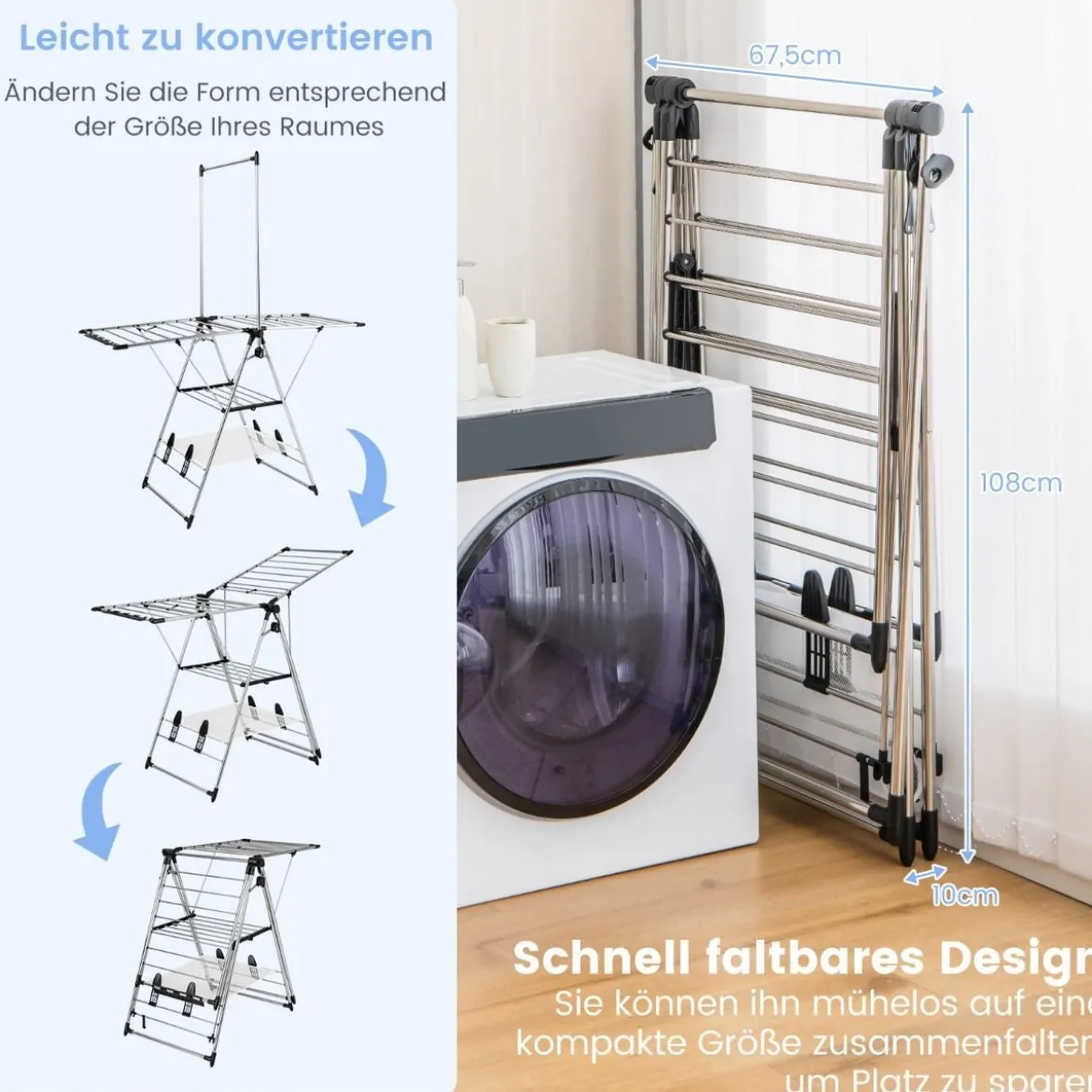 Klappbarer Wäscheständer mit Flügeln & Schuhablage Höhenverstellbarer Wäschetrockner