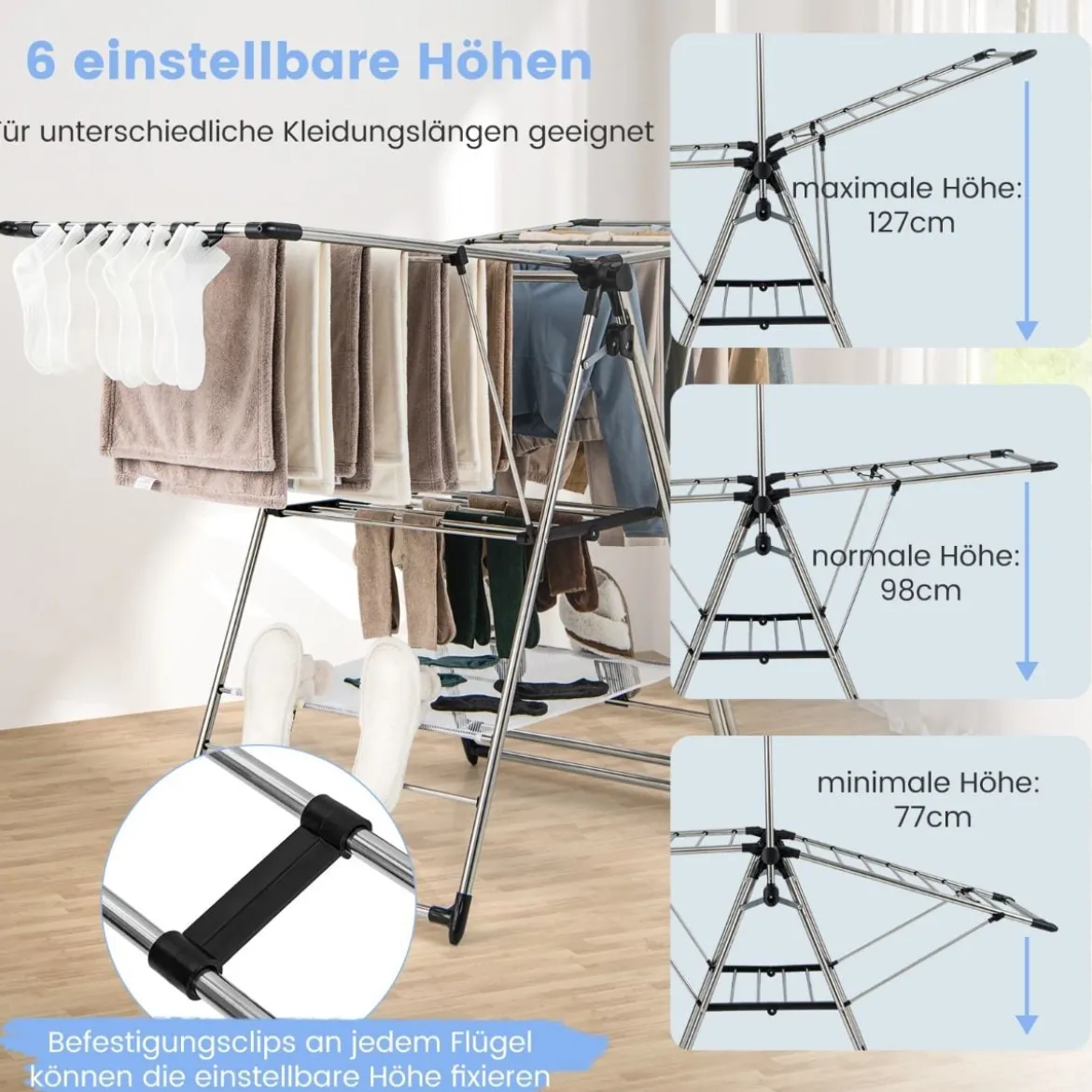 Klappbarer Wäscheständer mit Flügeln & Schuhablage Höhenverstellbarer Wäschetrockner